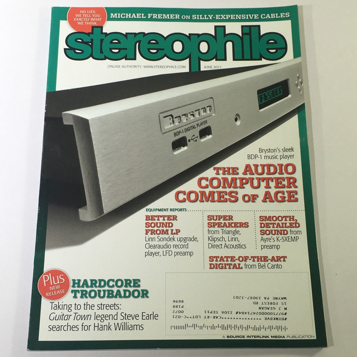 Cover of Stereophile Magazine June 2011 featuring Bryston BDP-1 Music Player and a highlight on legendary musician Steve Earle, showcasing advancements in audio technology.