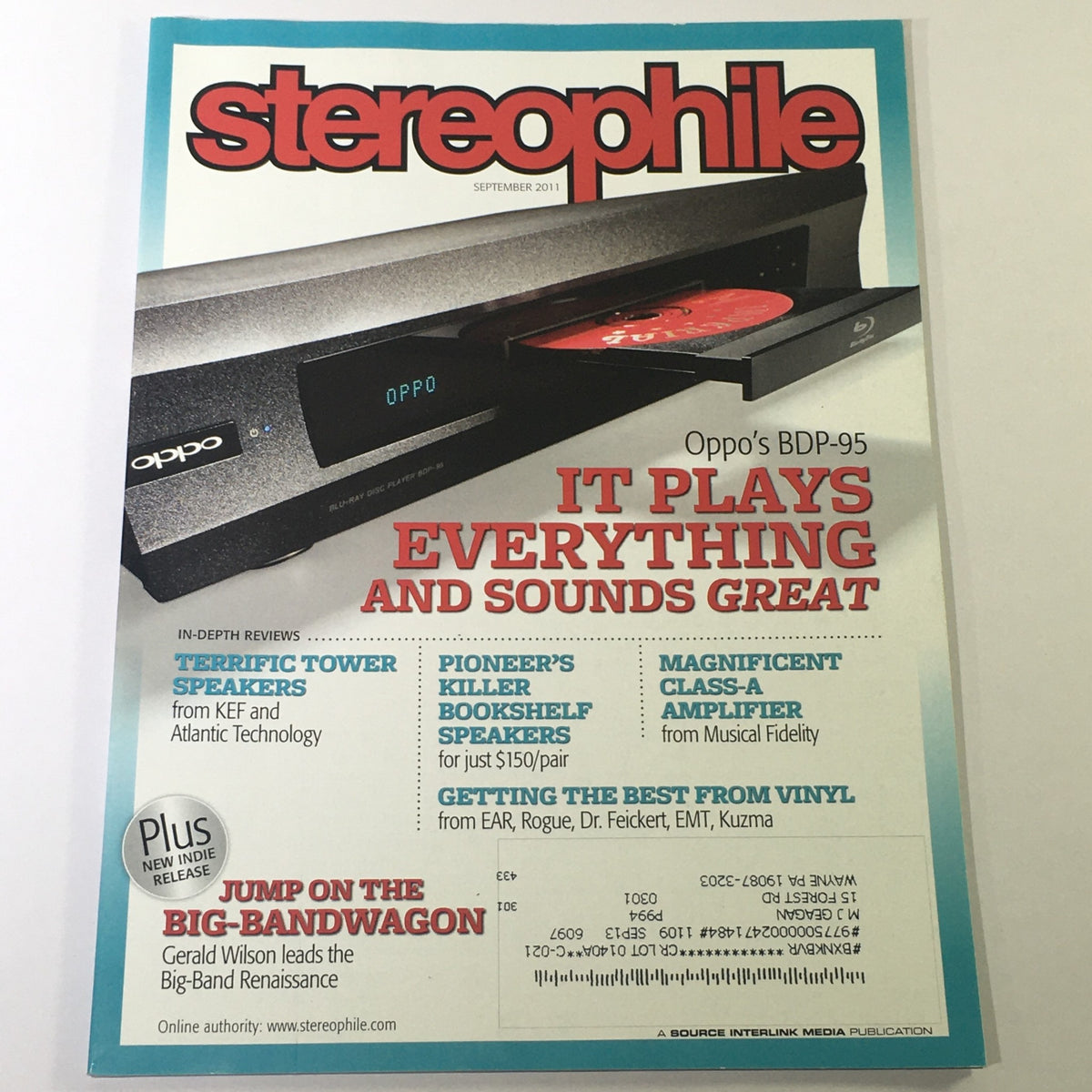 Cover of Stereophile Magazine September 2011 featuring the Oppo BDP-95 and Musical Fidelity Class-A Amp, emphasizing high-fidelity audio reviews and vintage audio technology insights.