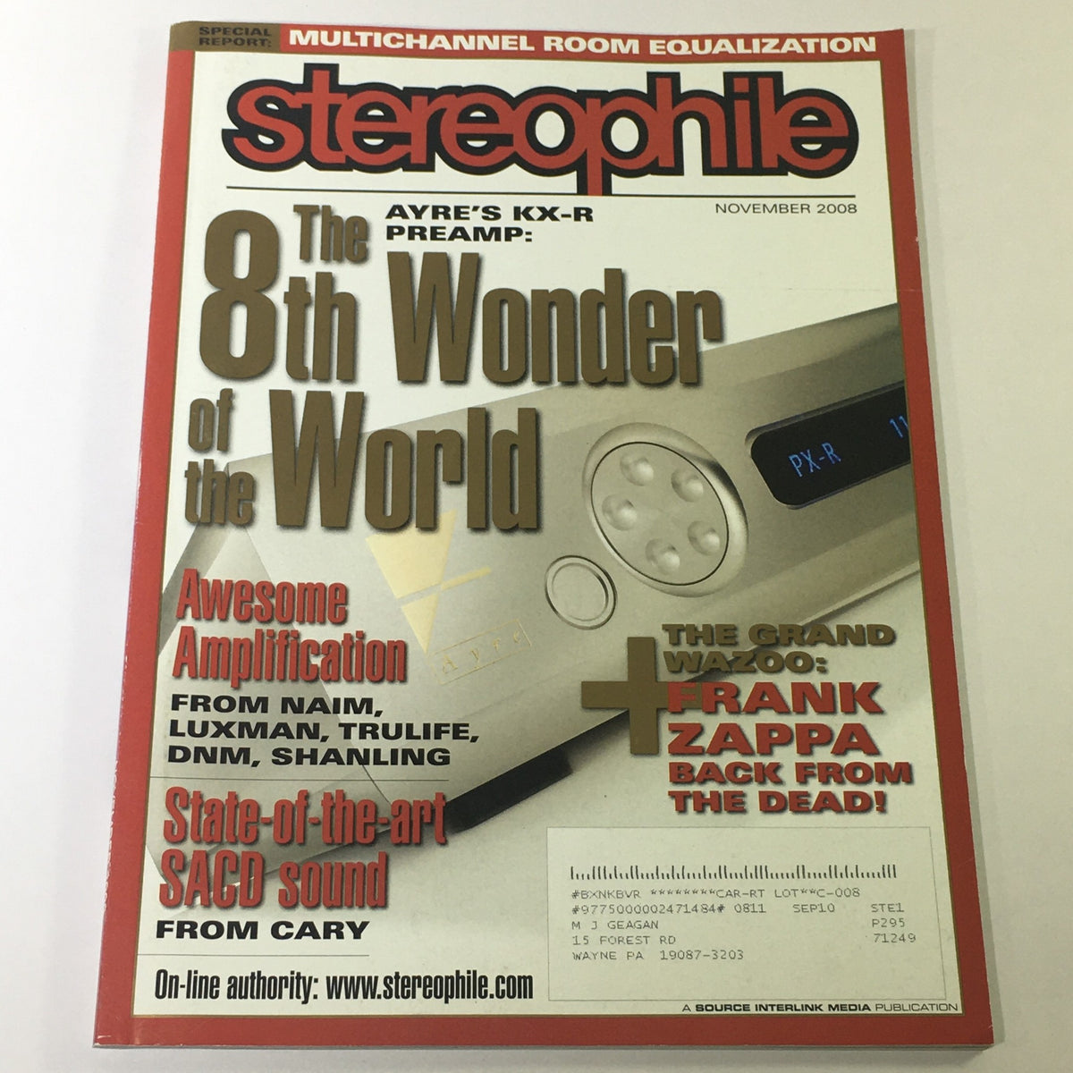 Cover of Stereophile Magazine November 2008 featuring Ayre KX-R Pre AMP as 'The 8th Wonder of the World' and showcasing amplifiers from Naim, Luxman, and DNM. Highlights include high-fidelity audio technology and reviews on sound quality advancements.