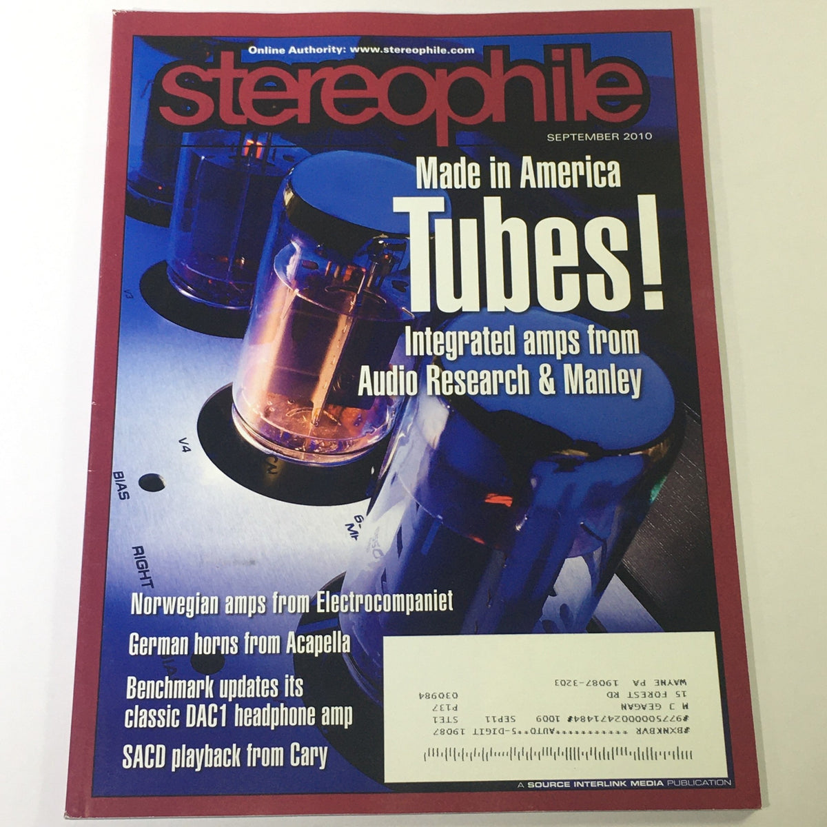 Cover of Stereophile Magazine September 2010 featuring integrated amps from Audio Research and Manley, showcasing vintage audio technology.
