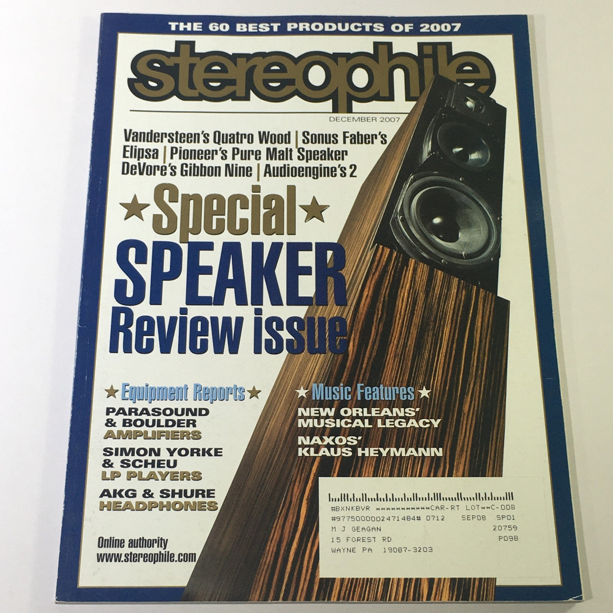 Cover of Stereophile Magazine December 2007 featuring Vandersteen's Quatro Wood speakers, a special speaker review issue showcasing audio equipment, with insights into audio technology advancements of the time.