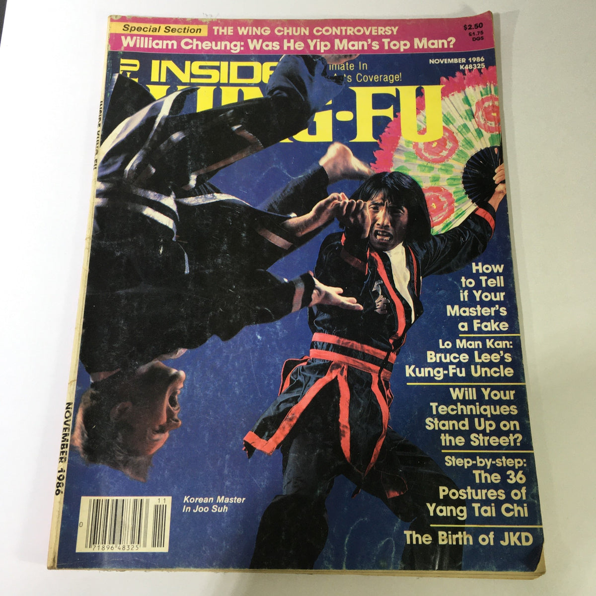Cover of the VTG Inside Kung Fu Magazine from November 1986 featuring Korean Master In Joo Suh. The magazine highlights martial arts articles including Bruce Lee, techniques, and cultural impact of martial arts in the 1980s. Visible themes include martial arts demonstrations and historical significance.