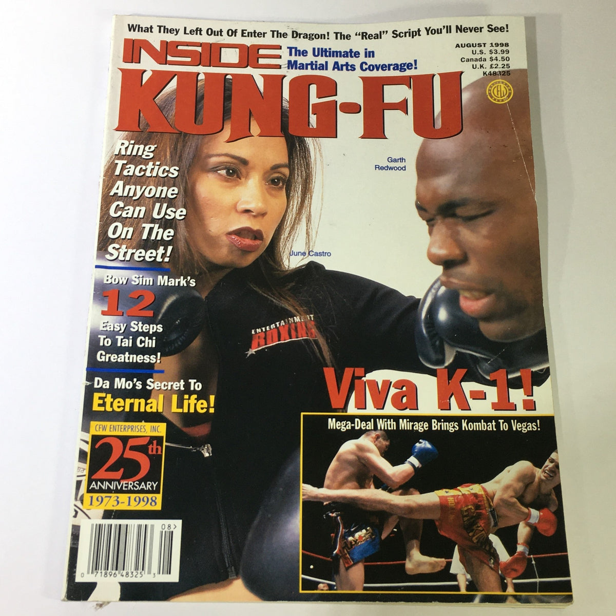 Inside Kung Fu Magazine August 1998 featuring June Castro and Garth Redwood on the cover, highlighting martial arts culture and techniques.