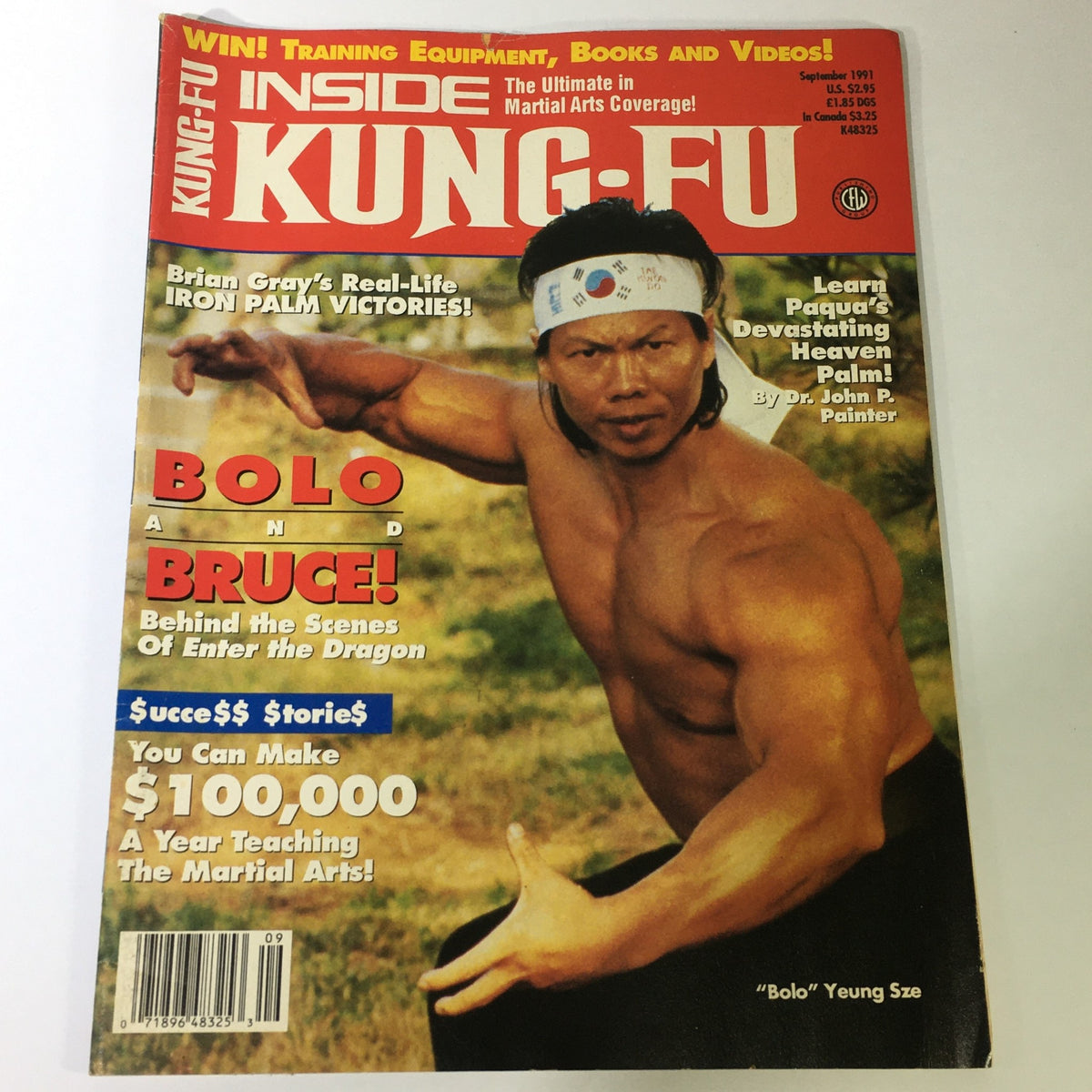 Cover of Inside Kung Fu Magazine September 1991 featuring 'Bolo' Yeung Sze in an action pose, highlighting articles on martial arts and the influence of Bruce Lee.