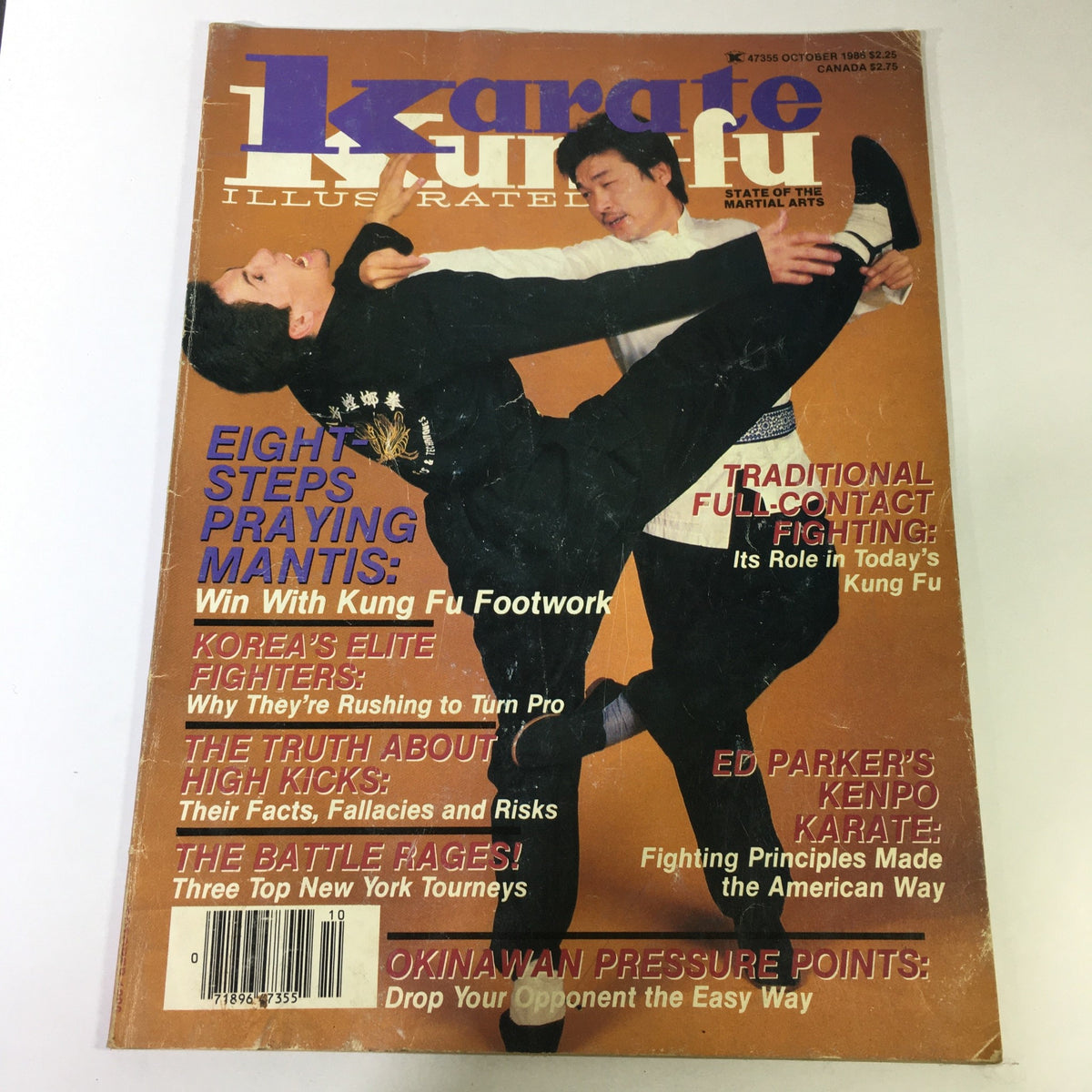 Cover of VTG Karate Kung Fu Illustrated Magazine October 1986 featuring martial artists demonstrating techniques with text highlights about Ed Parker's Kenpo Karate, traditional fighting, and kung fu strategies.