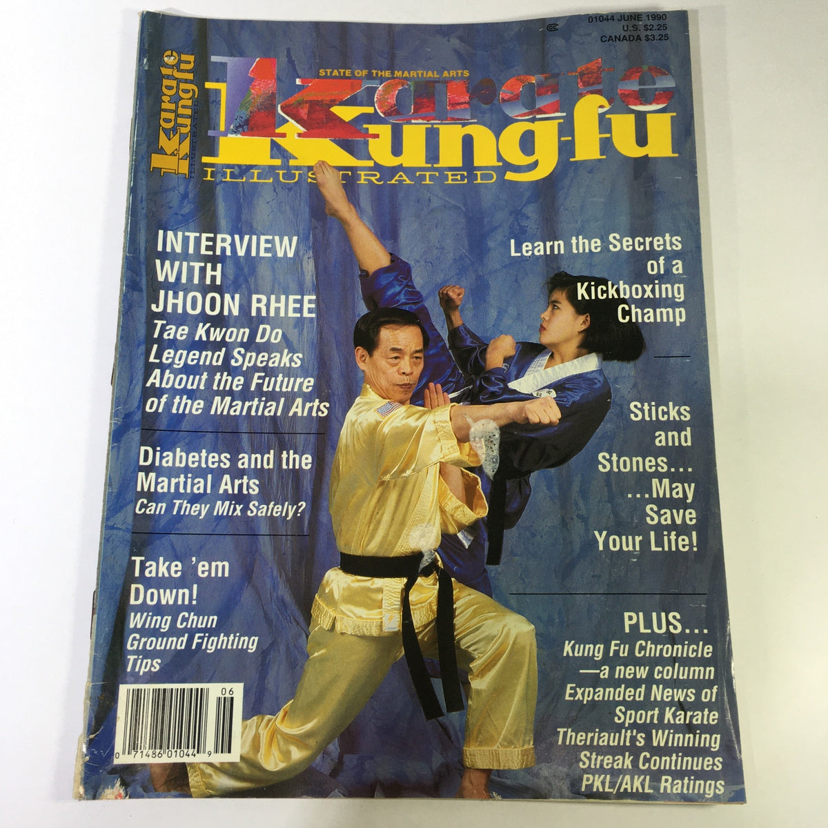 Cover of Karate Kung Fu Illustrated Magazine June 1990 featuring an interview with Jhoon Rhee, showcasing martial arts action with a focus on Taekwondo and Kickboxing, highlighting articles on martial arts training and safety.