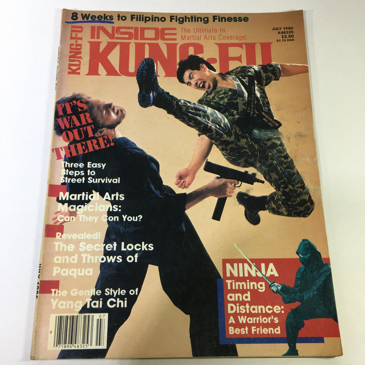 Cover of Inside Kung Fu Magazine from July 1986 featuring 'The Gentle Style of Yang Tai Chi'. The issue highlights martial arts with bold graphics, including action poses and text emphasizing training tips, magicians in martial arts, and techniques for street survival.