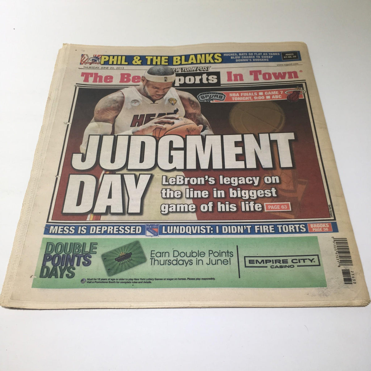 NY Post sports section front page from April 2013, titled "Judgment Day" highlighting LeBron James, with mention of the significant game impacting his legacy.