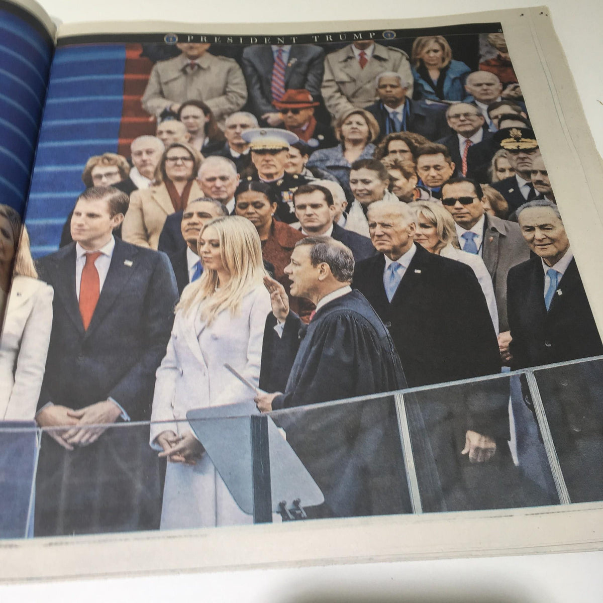 Interior page of NY York Post: January 2017, highlighting Donald Trump's inauguration with a crowd of guests and officials in attendance.