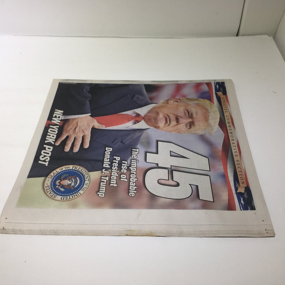 Cover of the January 2017 NY York Post featuring President Donald J. Trump, titled 'The Improbable Rise of President Donald J. Trump'. This vintage magazine captures significant political moments as Trump transitions from reality TV star to President.