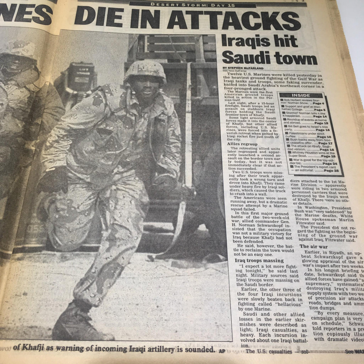NY Daily News report discussing the attacks by Iraqis on Saudi Arabia during the Gulf War, titled 'Die in Attacks'.