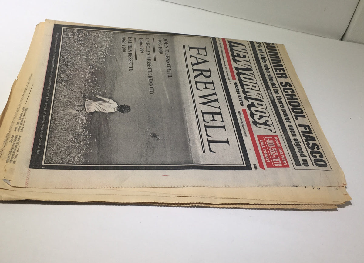 Side view of the NY Post front page from July 23, 1999, displaying the farewell announcement for John F. Kennedy Jr.