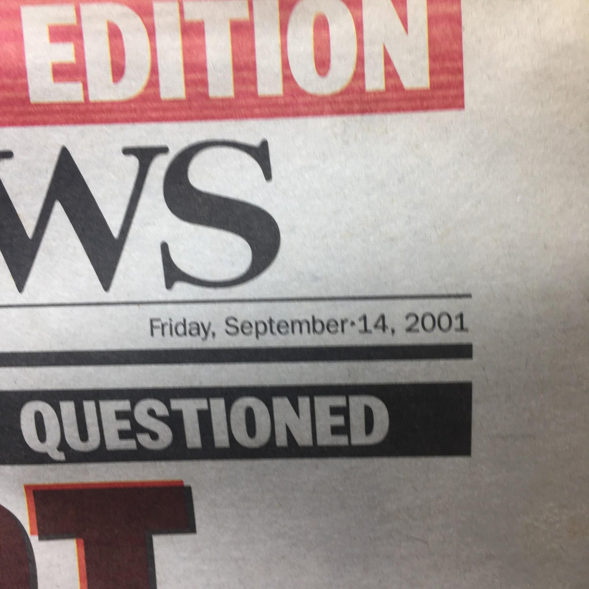 Date detail from NY Daily News, Friday, September 14, 2001, mentioning the investigation of questioned individuals after the 9/11 attacks.