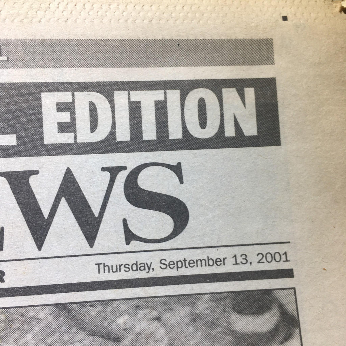 Detail from NY Daily News, September 13, 2001, highlighting the date and special edition of the newspaper.