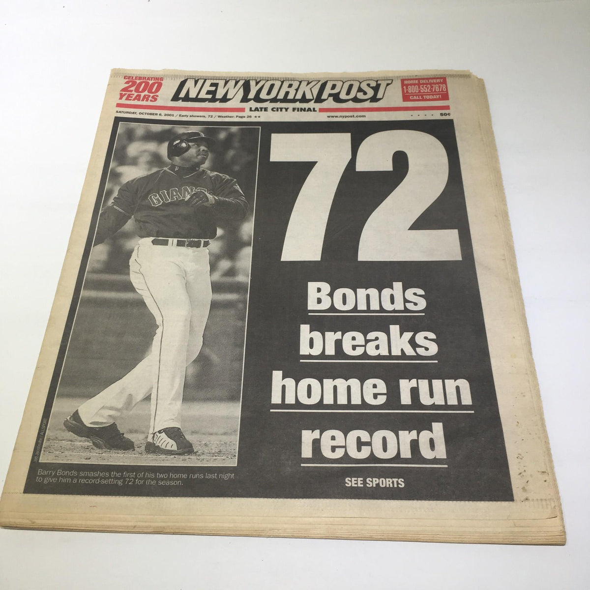 NY Post front page from October 6, 2001, featuring the headline '72 Bonds breaks home run record' with a photo illustration of Barry Bonds hitting a home run.