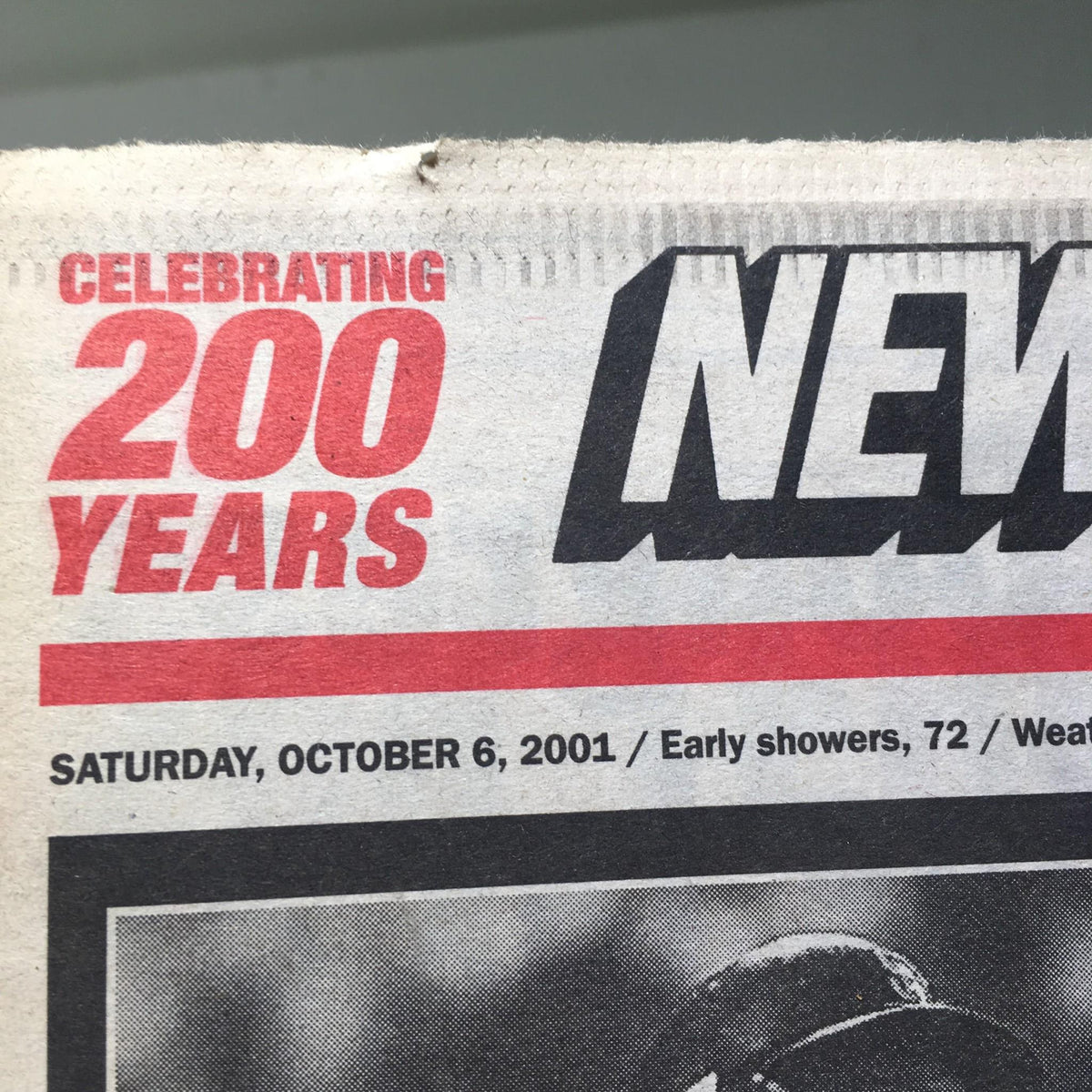 NY Post headline celebrating 200 years, dated Saturday, October 6, 2001, prominently featuring the text about early showers and weather, related to Barry Bonds breaking home run records.