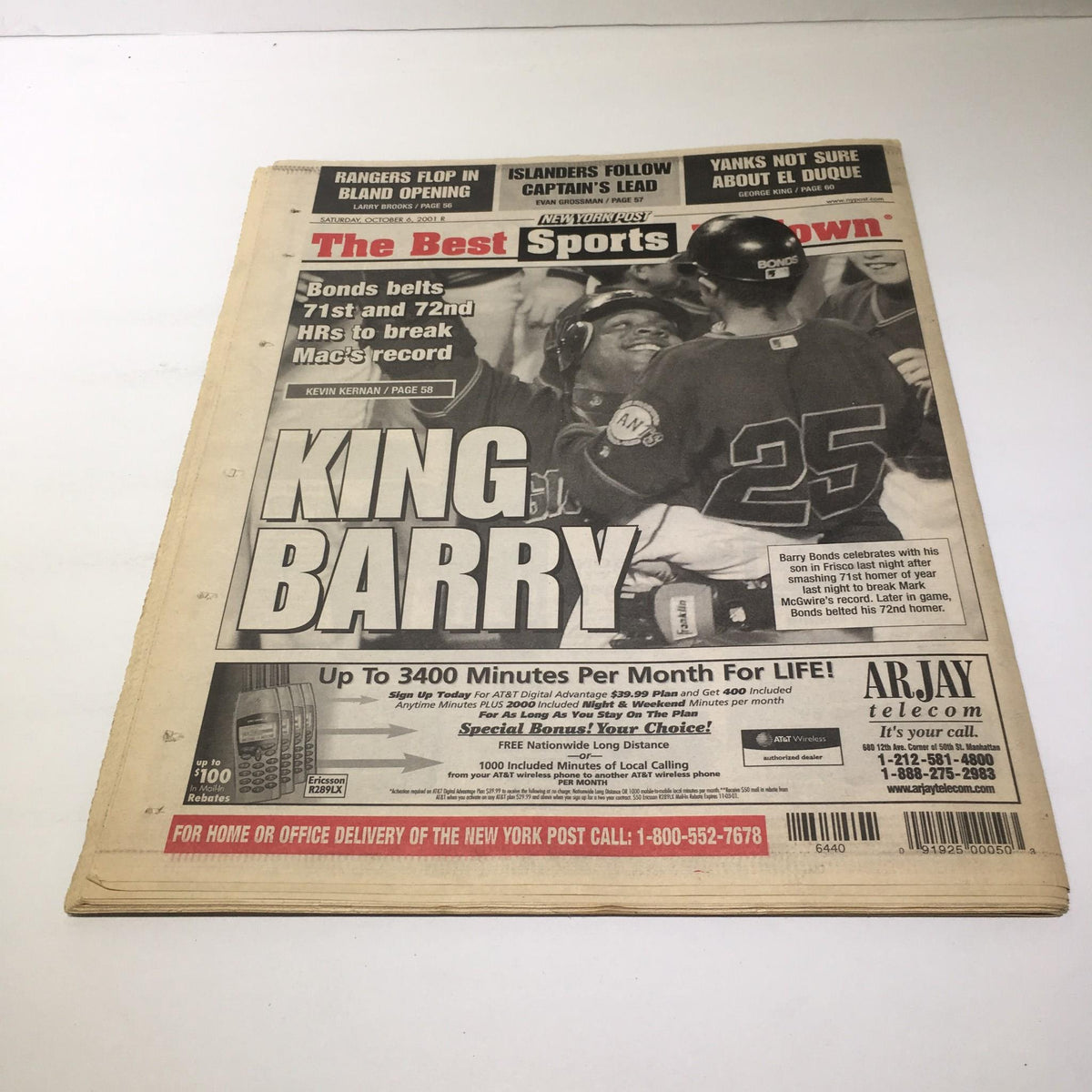 Front page of NY Post from October 6, 2001, featuring Barry Bonds with the headline 'KING BARRY!' announcing his record-breaking 72nd home run.