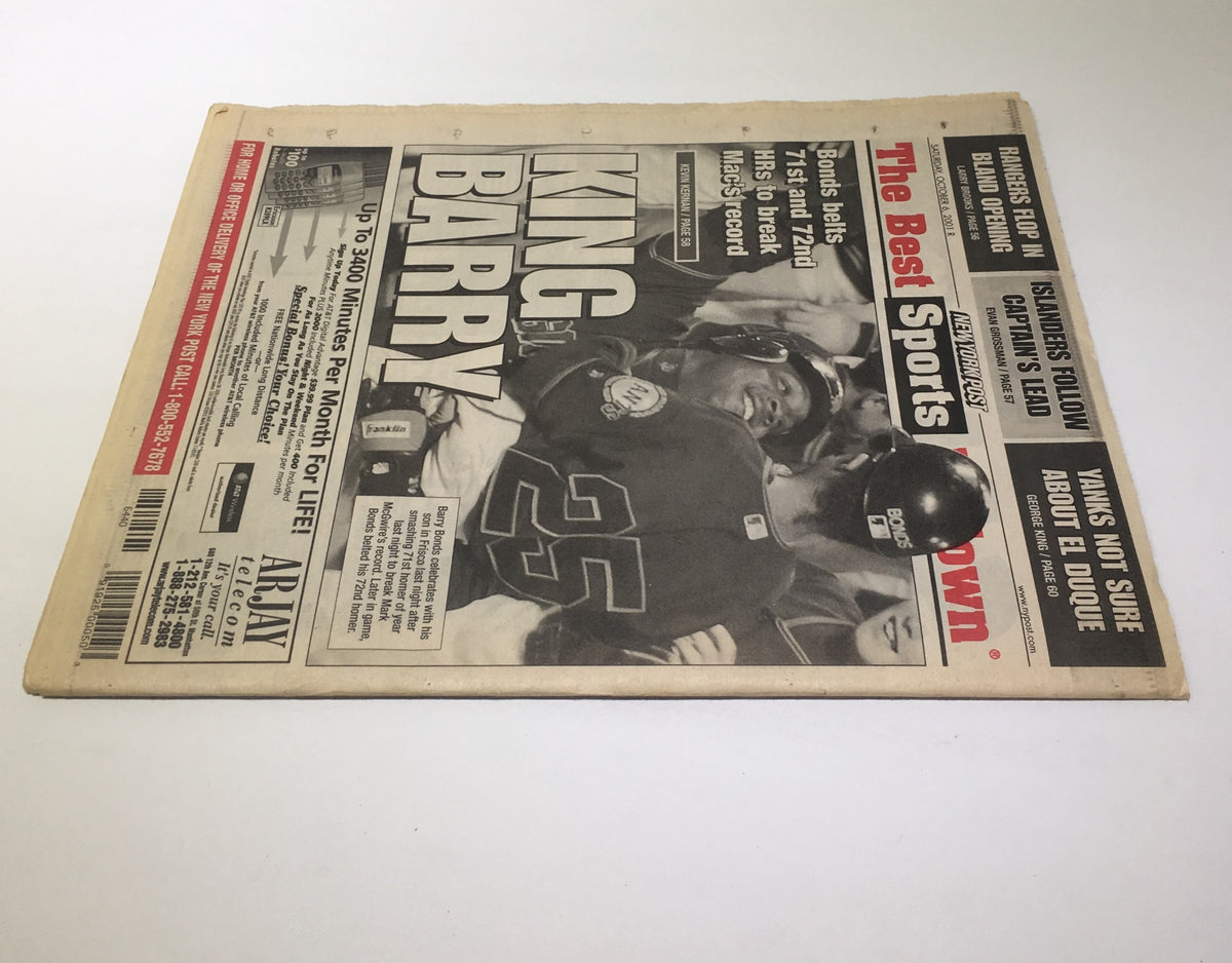 Duplicate of NY Post front page from October 6, 2001, highlighting Barry Bonds' achievement with the headline 'KING BARRY!' related to his 72nd home run.