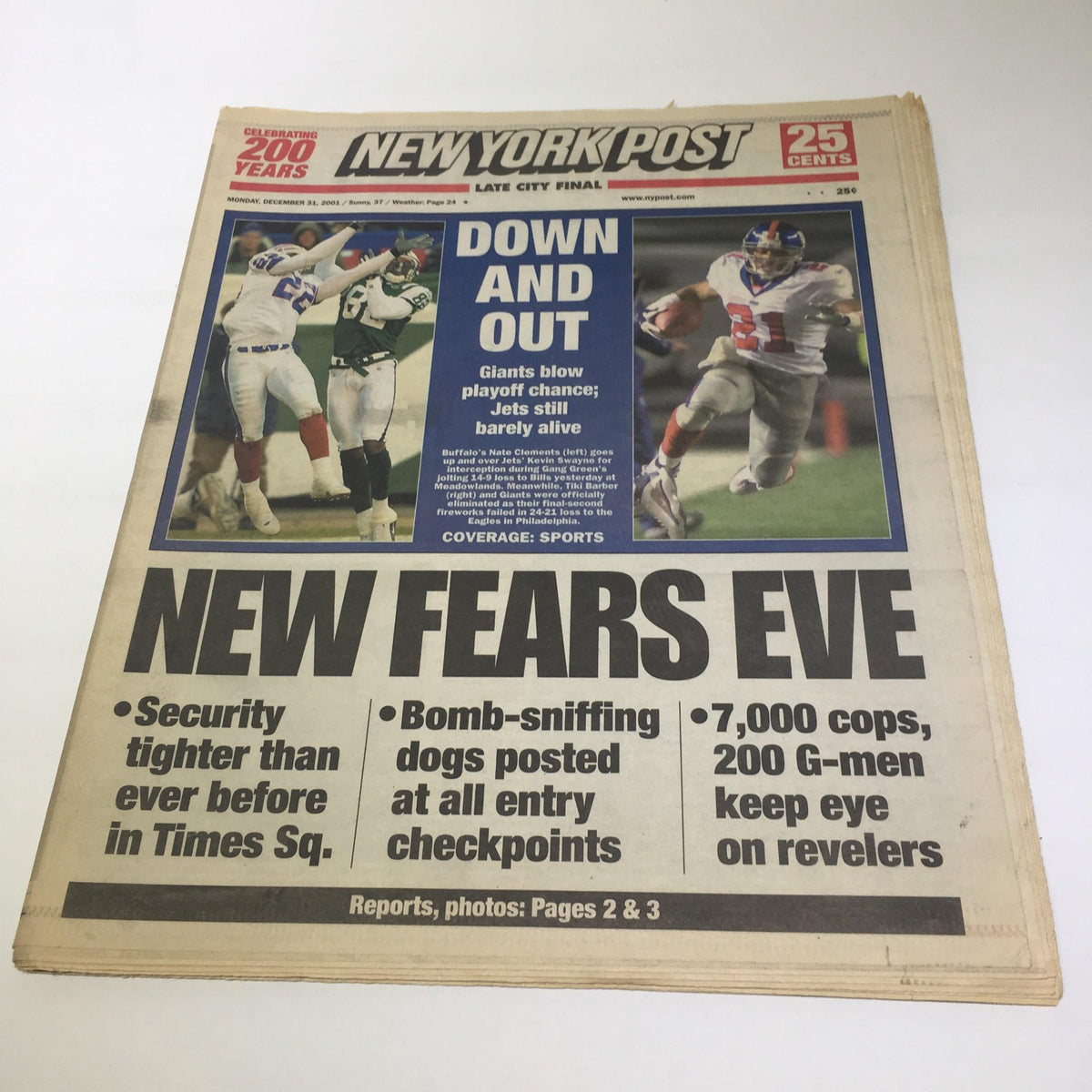 New York Post front page headline from 12/31/2001: Down and Out - Giants blow playoff chance, Jets still barely alive. Features coverage of sports news with details on security for New Year's Eve.