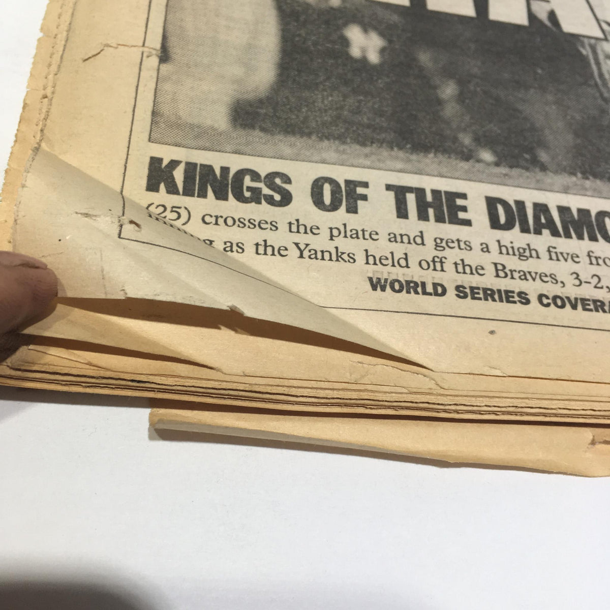 Close-up of the New York Daily News revealing details about the Yankees victory in the World Series, dated October 27, 1996.