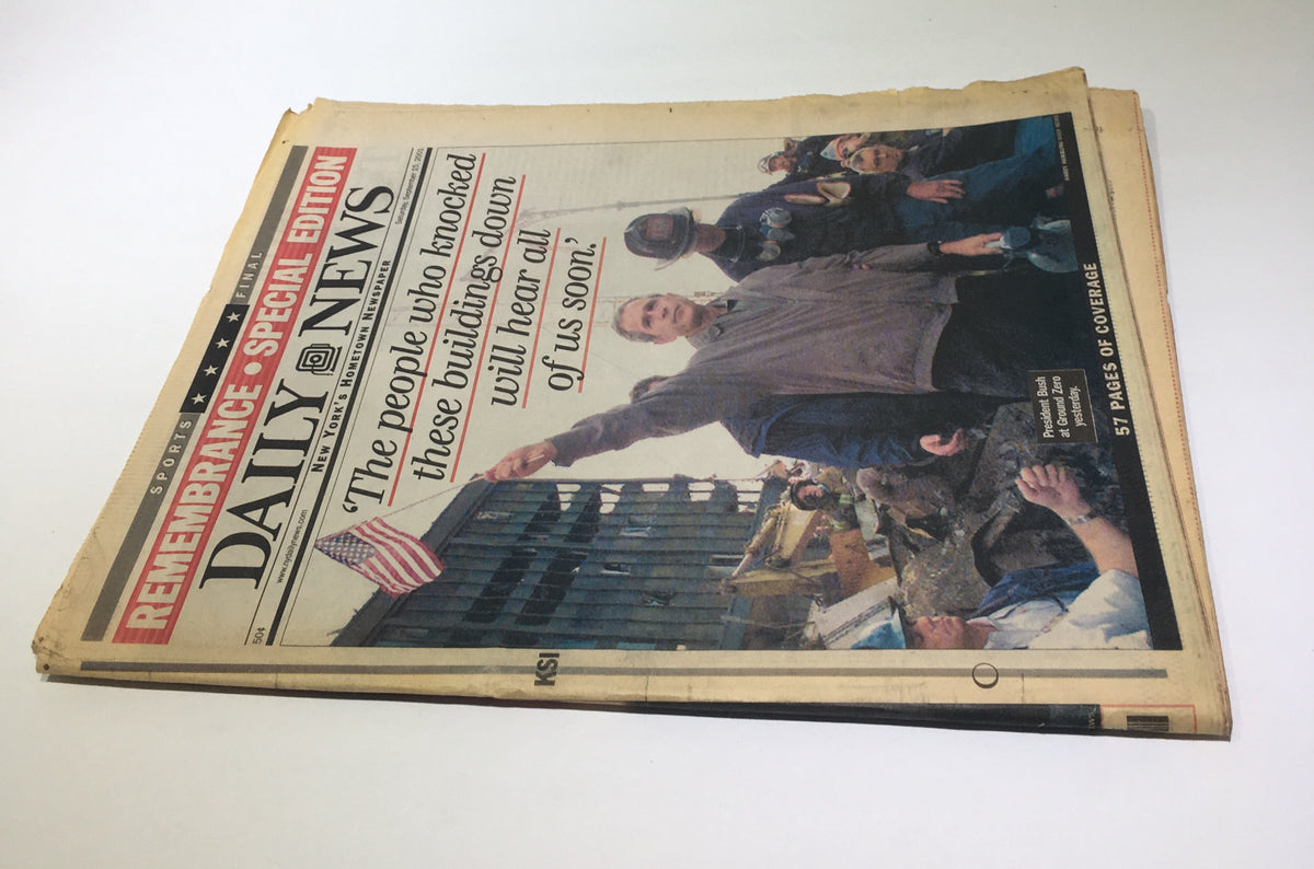 New York Daily 911 President George W Bush Remembrance Special Edition, showcasing the poignant headline and imagery from September 15, 2001, reflecting the nation's response to the tragedy.