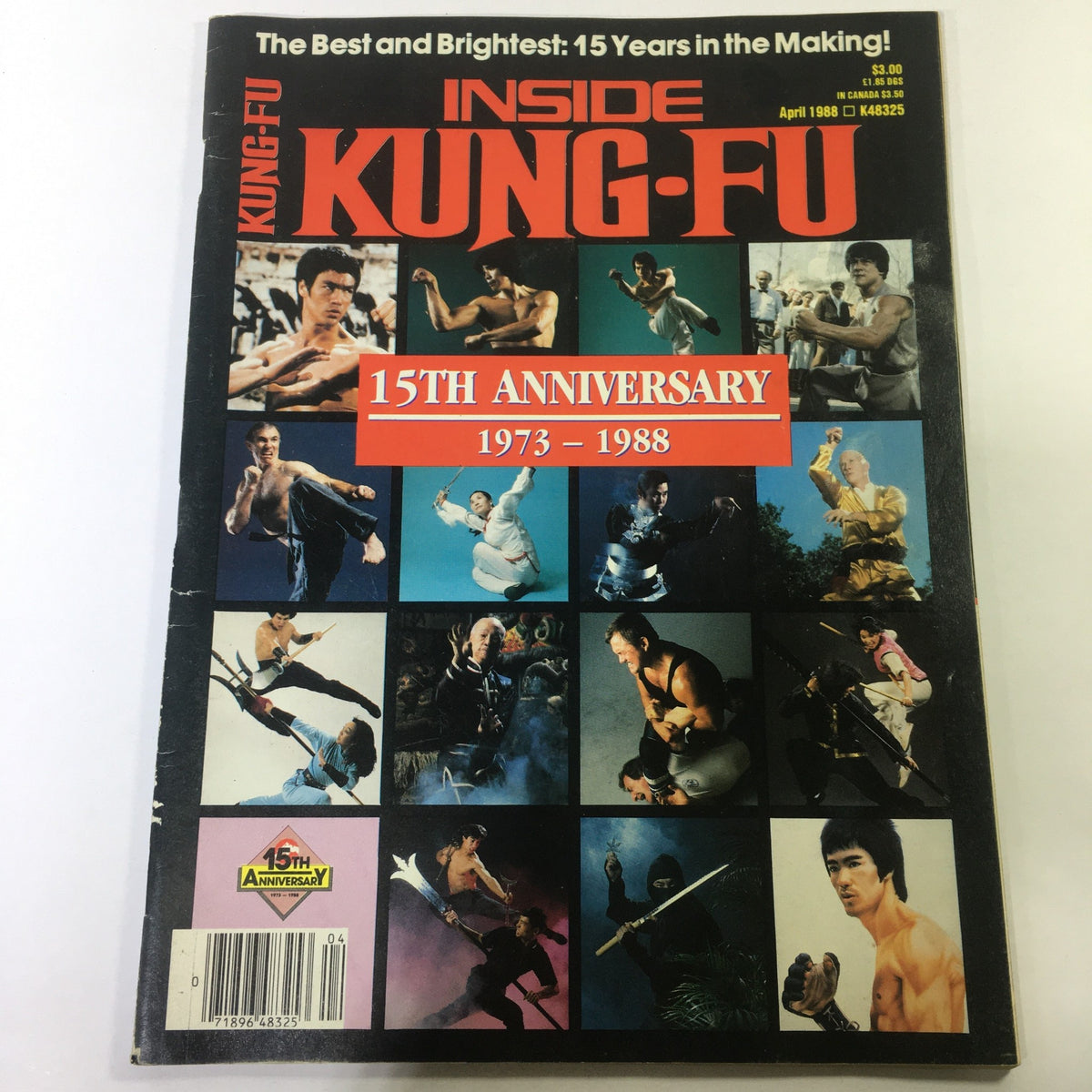 Cover of VTG Inside Kung Fu Magazine April 1988 featuring dynamic martial arts imagery, highlighting the 15th Anniversary of Inside Kung Fu and Bruce Lee's legacy.
