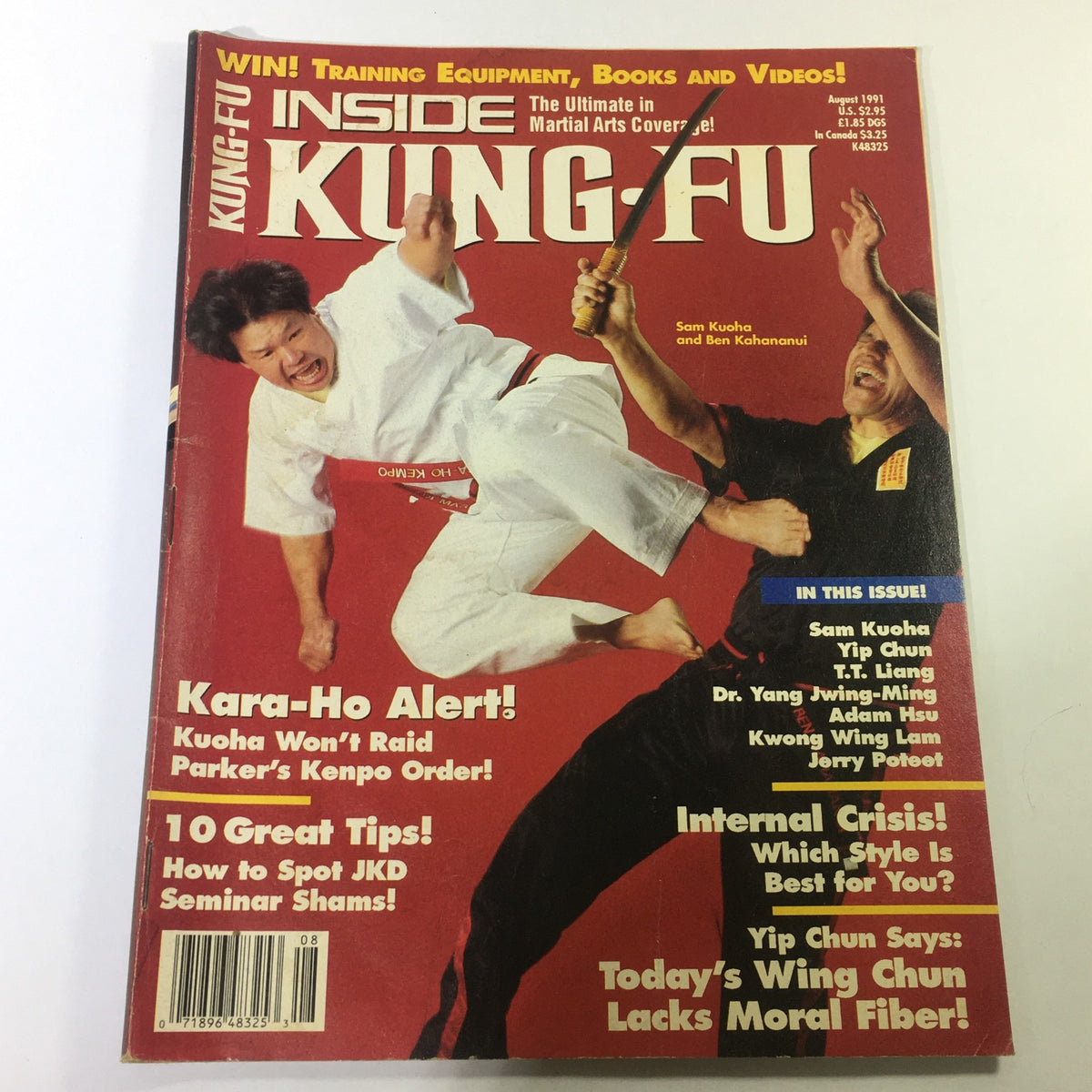 Cover of Inside Kung Fu Magazine August 1991 featuring martial artists Sam Kuoha and Ben Kahananui. The magazine includes articles on martial arts techniques and philosophies.