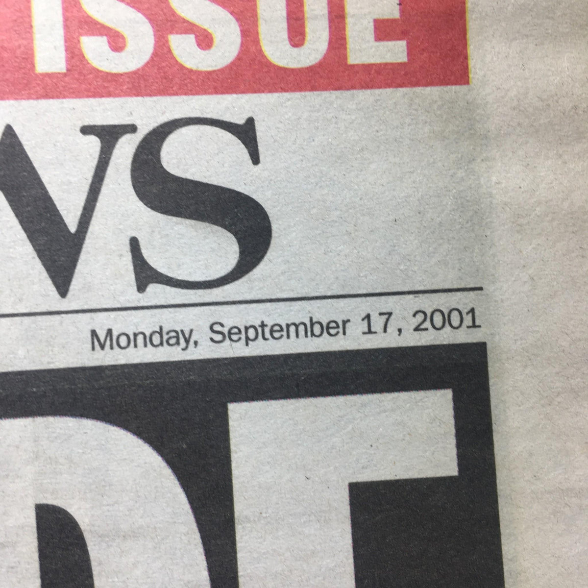 Close-up of NY Daily News from September 17, 2001, header highlighting the date and title, capturing the essence of a historic newspaper issue.