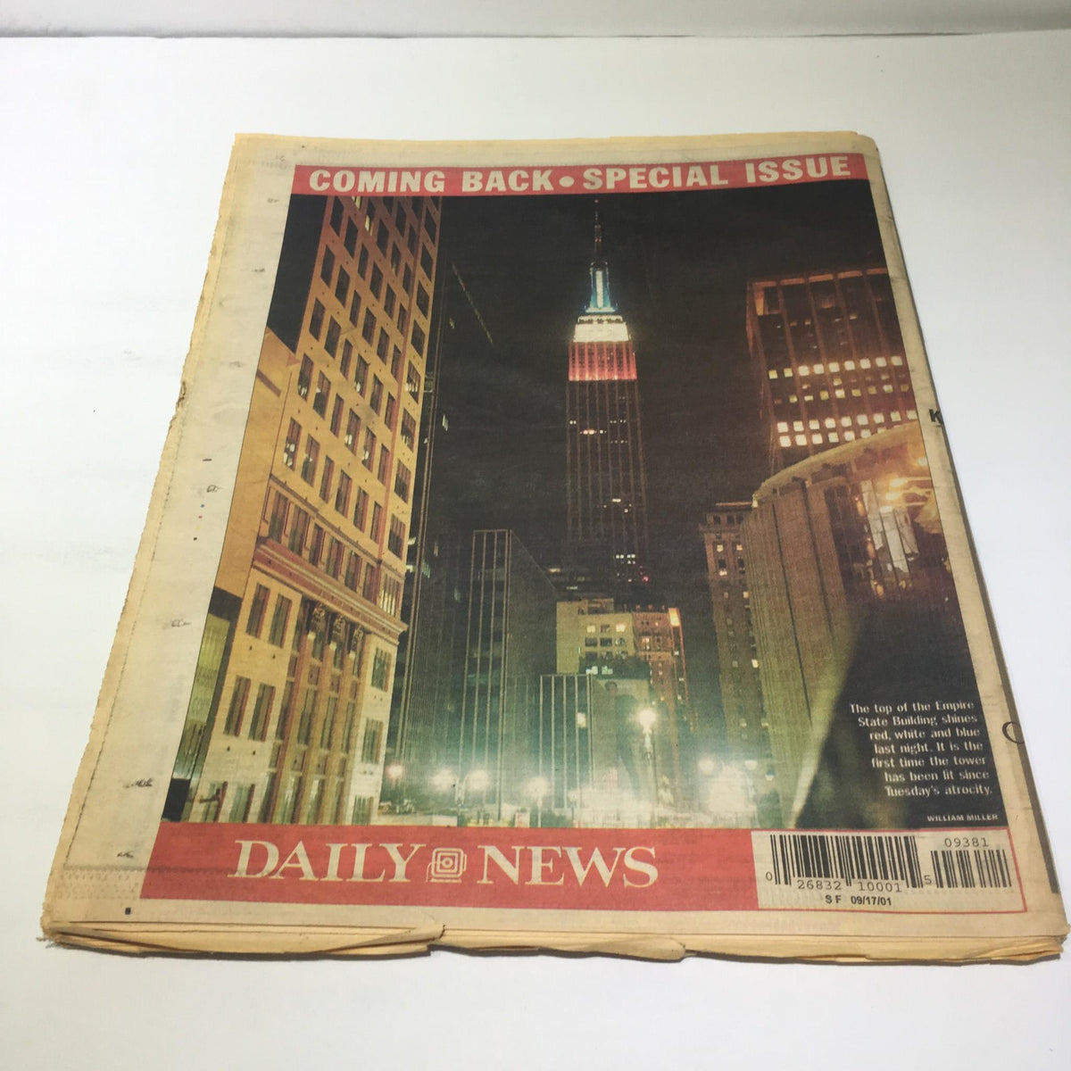 Back cover of NY Daily News September 17, 2001, displaying the Empire State Building at night, referencing its significance as a symbol in the special issue.