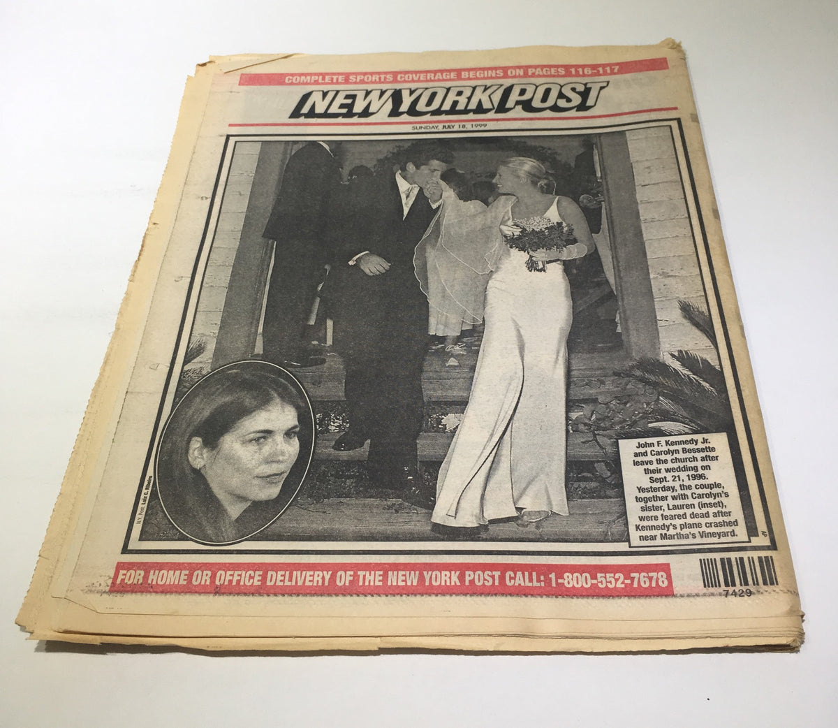 Front page of the New York Post, dated July 18, 1991, featuring the headline 'More Tears' with a story about JFK Jr's wife and her sister presumed dead in a plane crash.