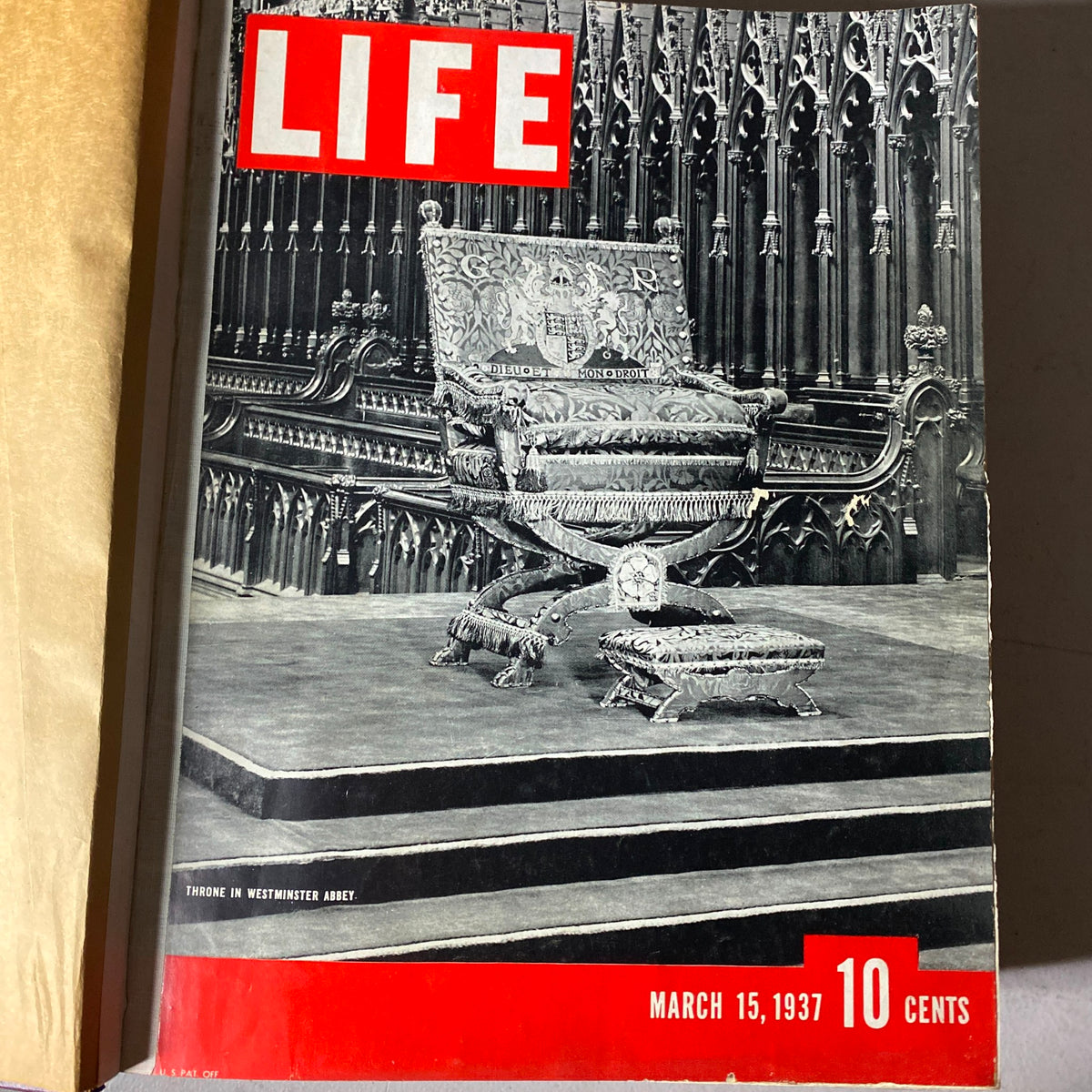 Cover of VTG 1937 Bound Life Magazine - March 15, 1937 issue featuring the Coronation Throne in Westminster Abbey.