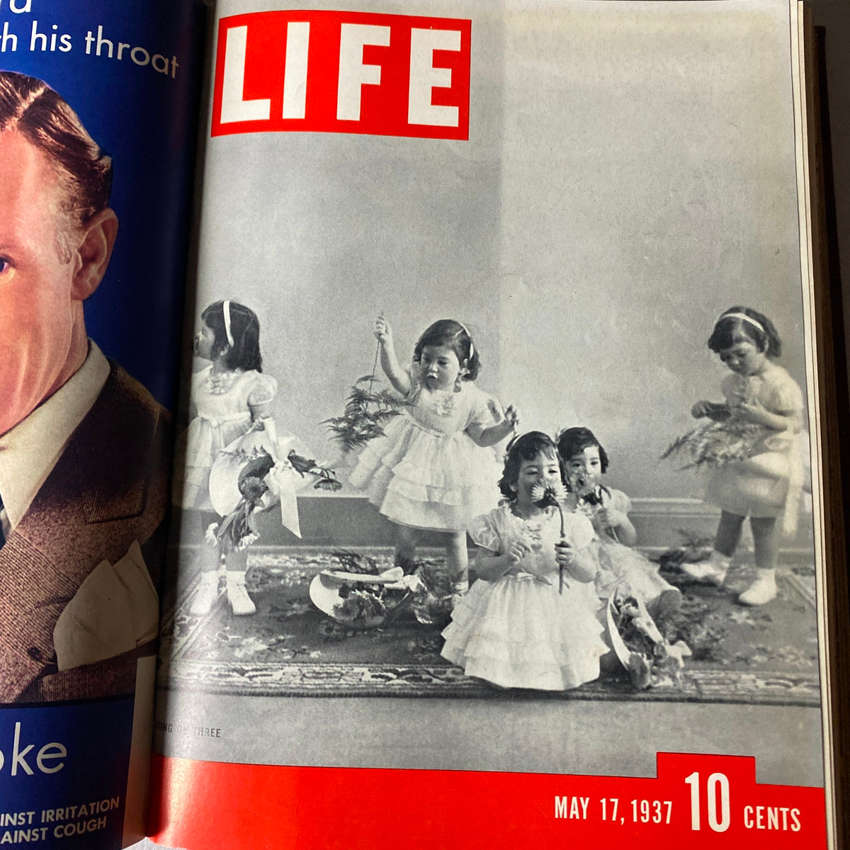 Cover image of the VTG 1937 Bound Life Magazine March - June Weekly Issue showcasing four girls in white dresses playing, published on May 17, 1937, representing family life and childhood in the historical context.