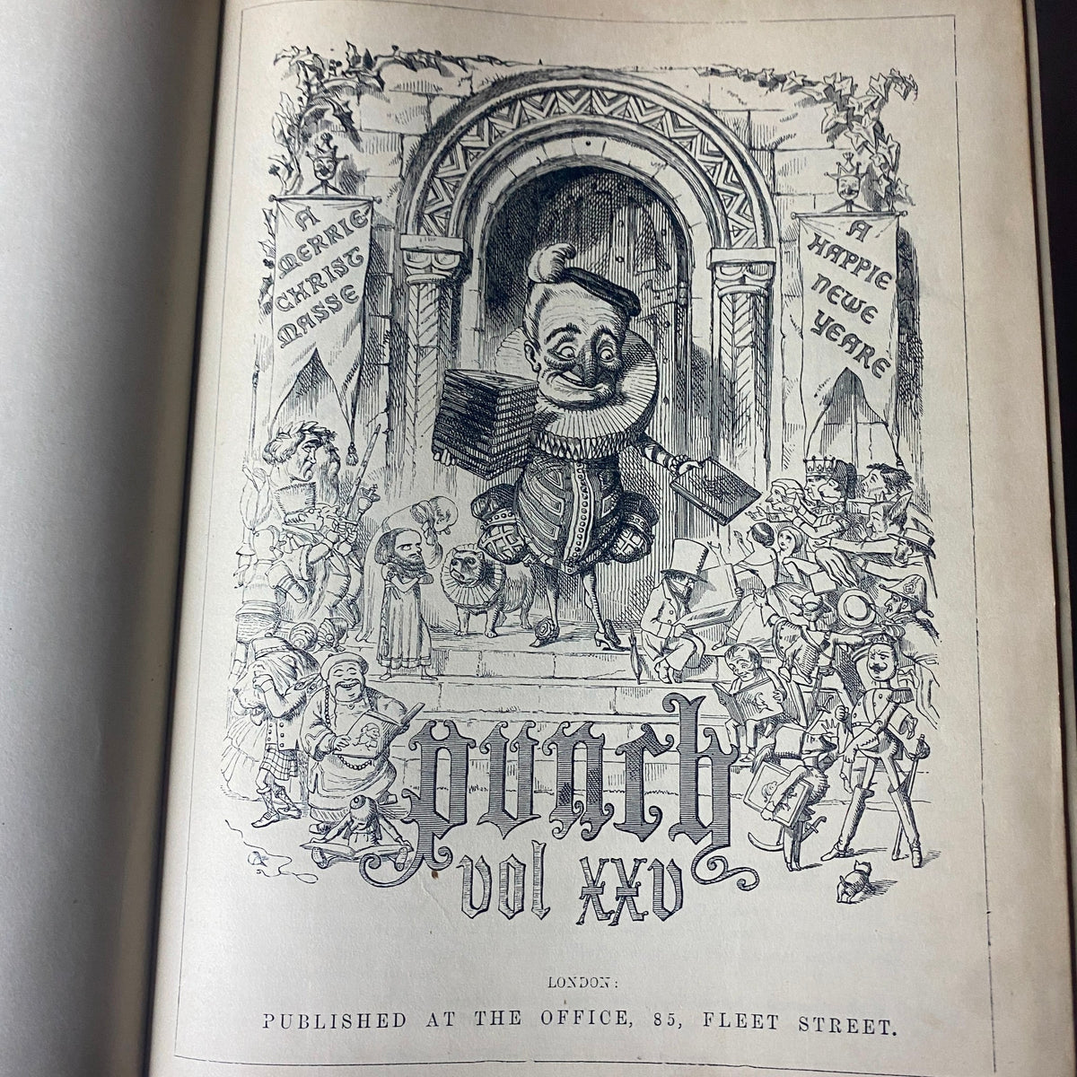 Cover illustration of Punch Magazine Volume XXV from 1853, featuring a whimsical character holding a stack of magazines, capturing the artistic essence of mid-19th century satire.