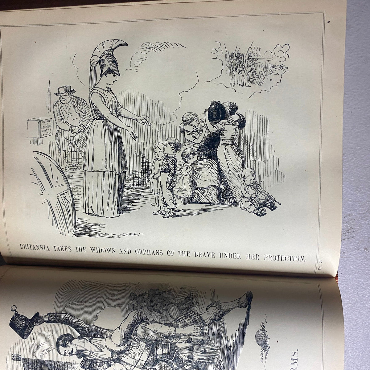 Illustration from the VTG 1853 Complete January - December Bound Punch Magazine Volume XXV depicting Britannia taking widows and orphans under her protection.
