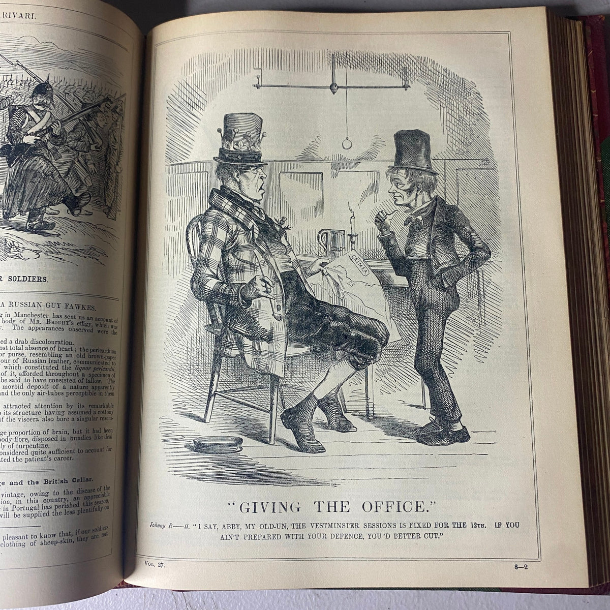 Illustration from the VTG 1853 Complete January - December Bound Punch Magazine Volume XXV titled 'Giving the Office,' featuring two gentlemen in top hats.