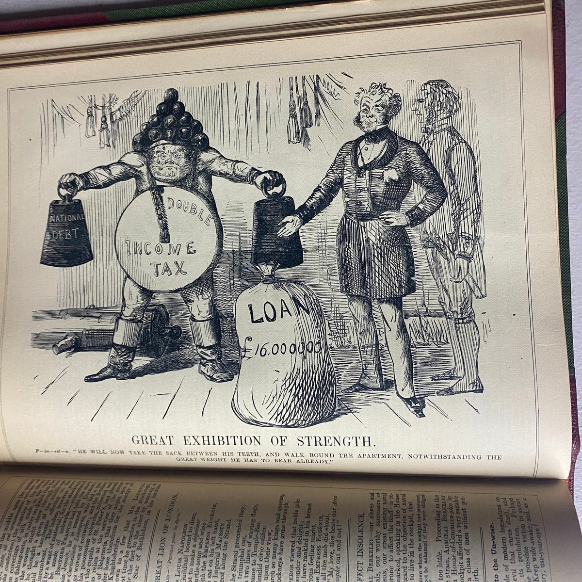 Illustration from the VTG 1853 Complete January - December Bound Punch Magazine Volume XXV showing a humorous representation of national debt and income tax.