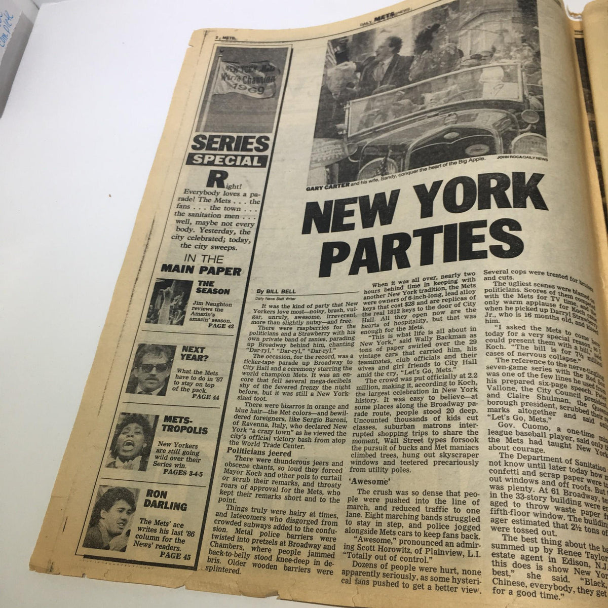 A detailed interior page from the October 29, 1986 New York Daily News covering 'NEW YORK PARTIES', highlighting the celebration following a significant Mets game.