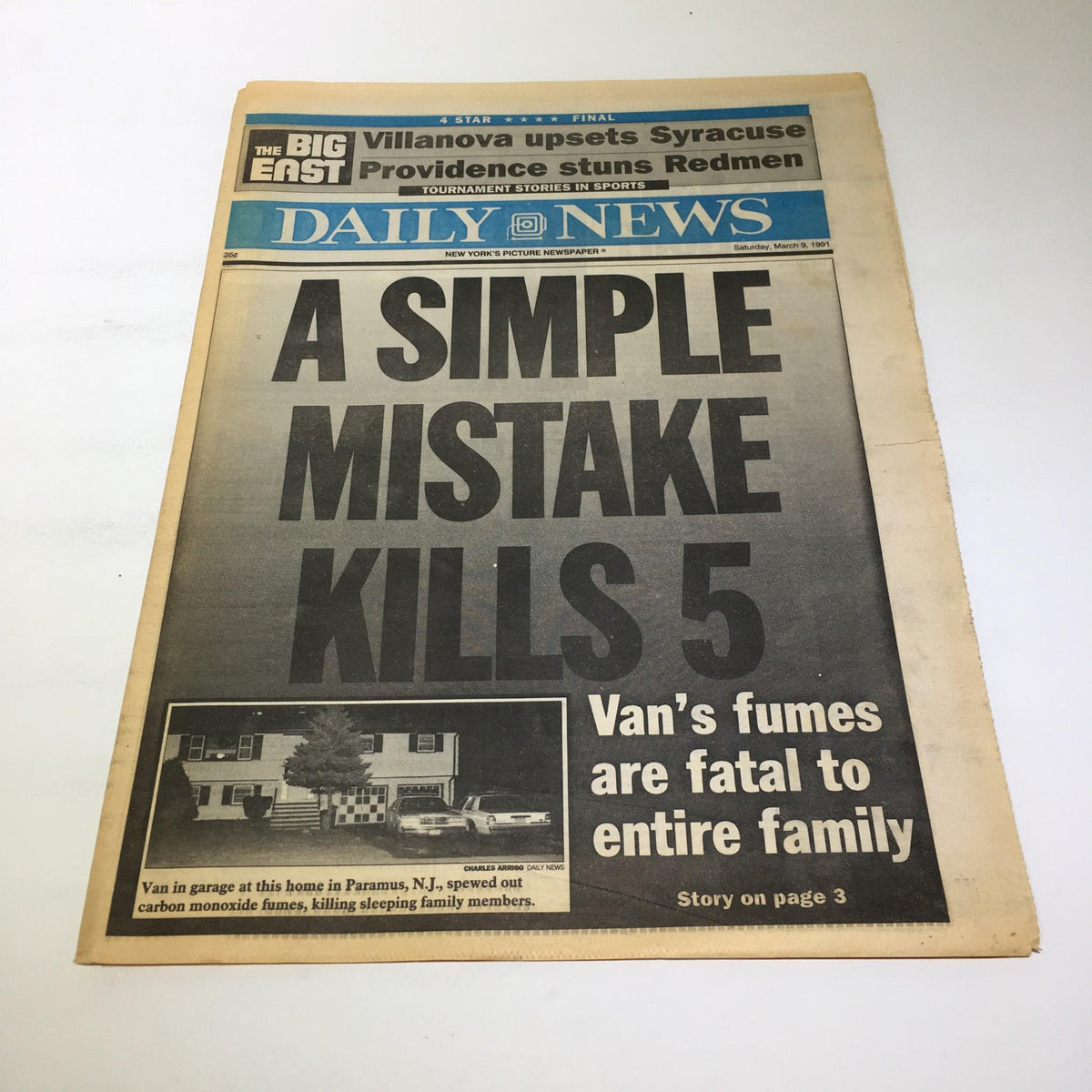 NY Daily News front page from March 9, 1991, featuring the headline 'A Simple Mistake Kills 5'. The article discusses a tragic incident where van's fumes caused fatalities in a family.