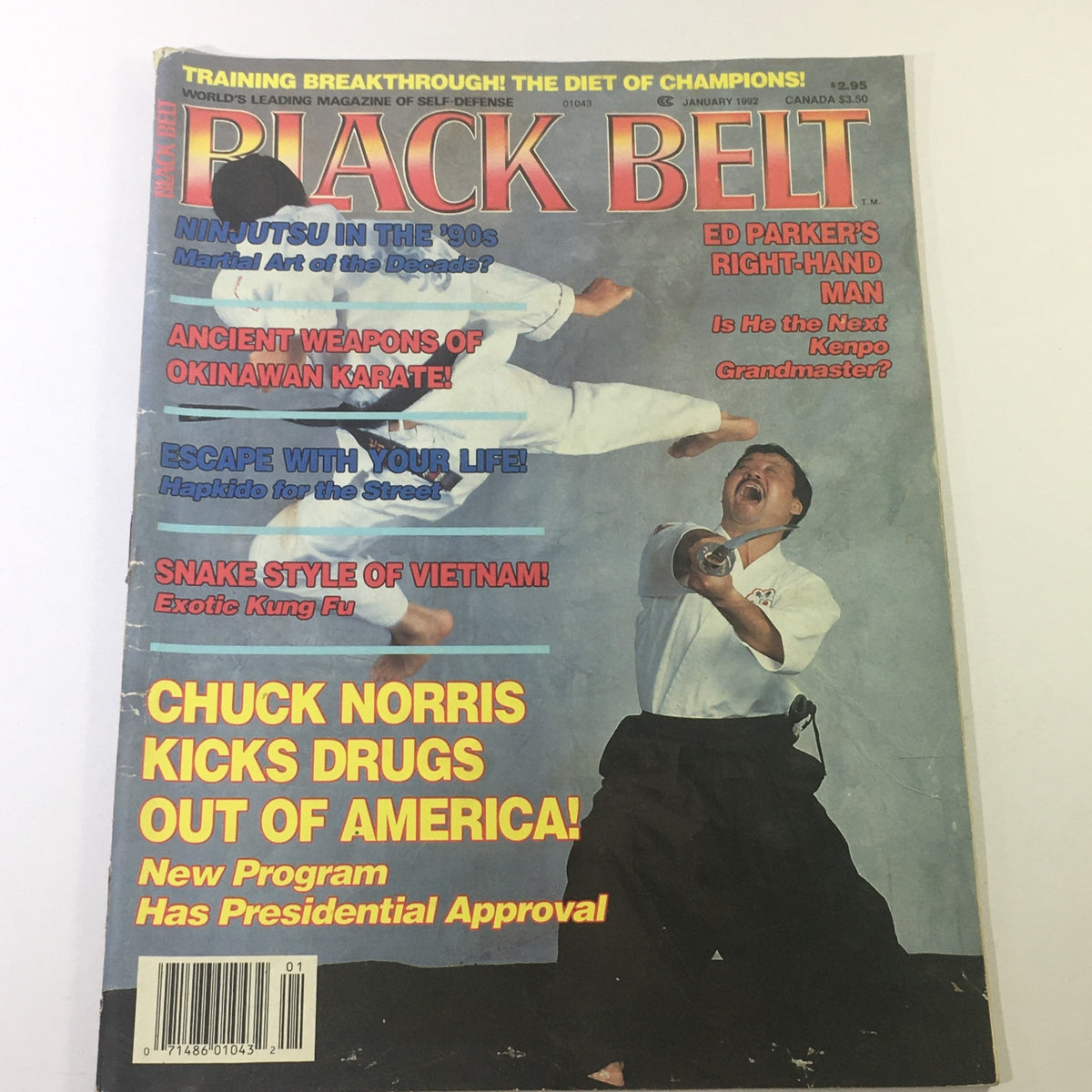 Cover of Black Belt Magazine January 1992 featuring Ed Parker and Chuck Norris, highlighting articles on Okinawa Karate, Ninjutsu, and martial arts techniques.
