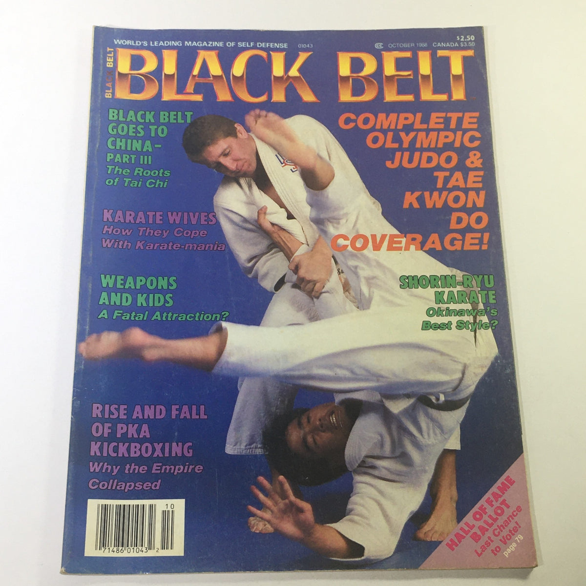 Cover of VTG Black Belt Magazine October 1988 featuring Shorin-Ryu Karate and The Roots of Tai Chi, showcasing martial arts enthusiasts in action with bold text highlights on martial arts topics.