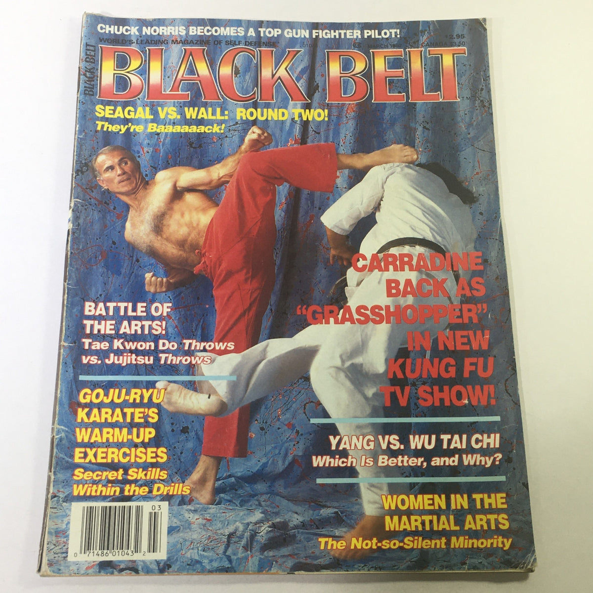 Cover of Black Belt Magazine March 1992 featuring Steven Seagal and Bob Wall in an action-packed martial arts pose, highlighting the iconic duel in the issue. The magazine includes headlines about David Carradine, Tae Kwon Do vs. Jujitsu, and features on Karate warm-up exercises.