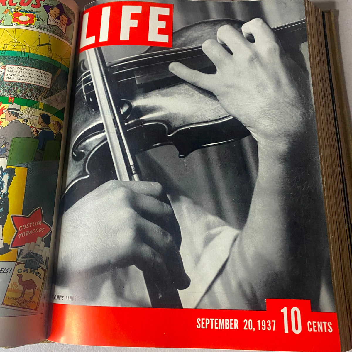 Cover image of VTG 1937 Bound Life Magazine showcasing a close-up of a person playing the violin, dated September 20, 1937.
