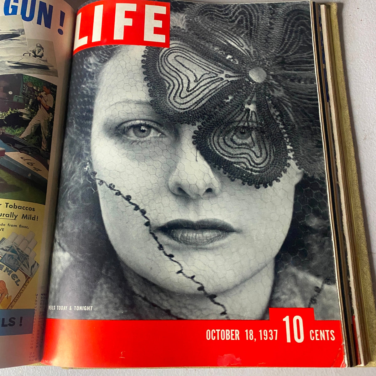 Cover of VTG 1937 Bound Life Magazine featuring a monochrome photograph of a woman with an intricate lace veil, published on October 18, 1937.