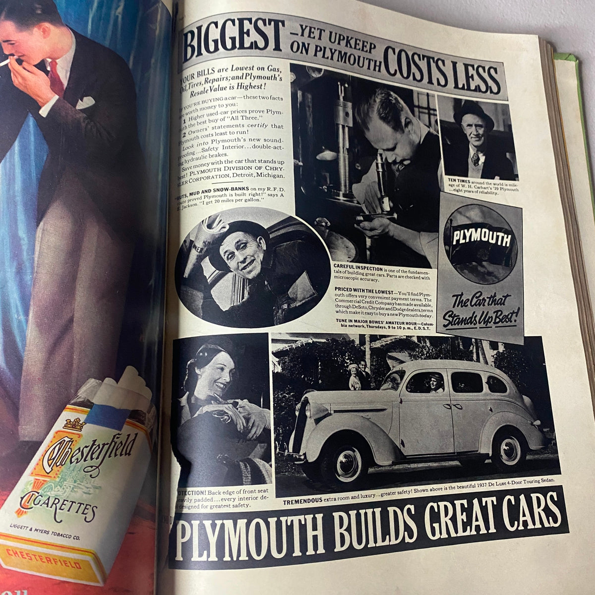 Interior page of VTG 1937 Bound Life Magazine featuring a vintage Plymouth car advertisement with images of people, showcasing 1930s design and culture.