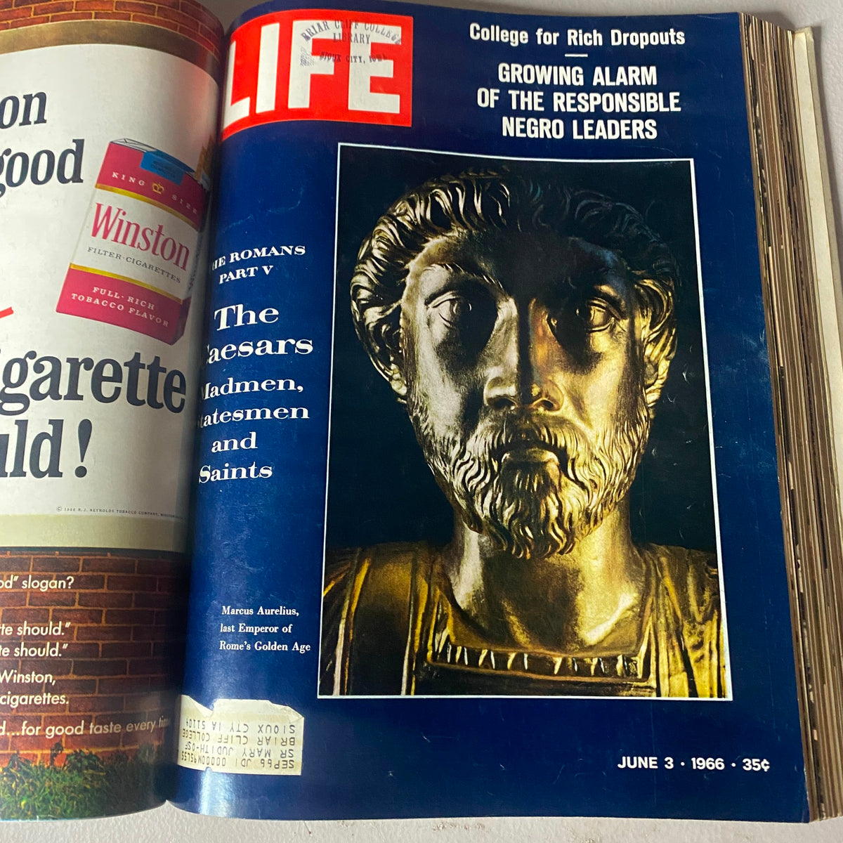 Cover of VTG 1966 Bound Life Magazine from June 3, featuring a bust of Marcus Aurelius, with a headline discussing the Caesars. Iconic vintage magazine showcasing historical culture.