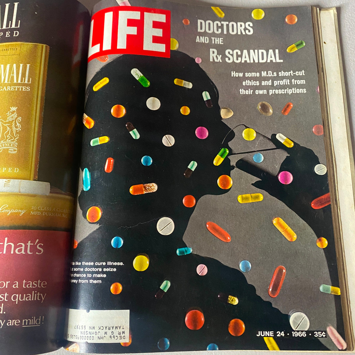 Cover of VTG 1966 Bound Life Magazine from June 24, highlighting the scandal related to doctors and prescription practices. Insightful piece reflecting social issues of the era.