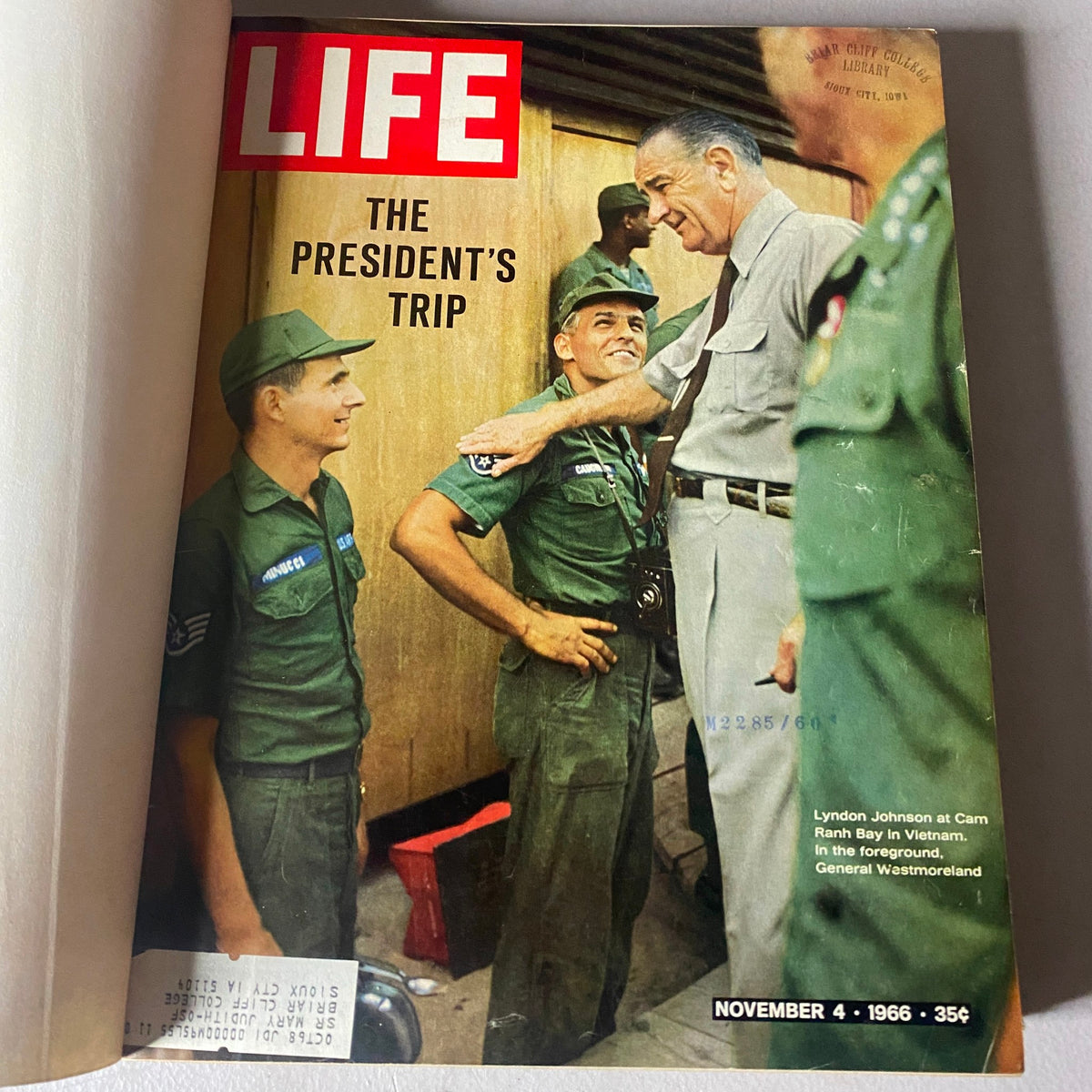 Cover of the VTG 1966 Bound Life Magazine featuring the headline 'The President's Trip' about President Johnson's visit to Vietnam.