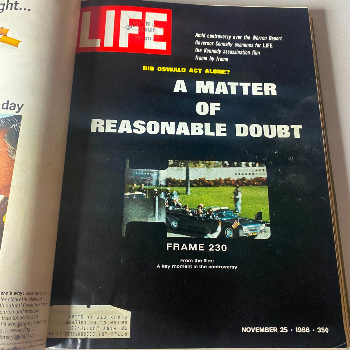 VTG 1966 Bound Life Magazine November 25 cover titled 'A Matter of Reasonable Doubt', exploring the controversy surrounding the Kennedy assassination with visuals from the event.
