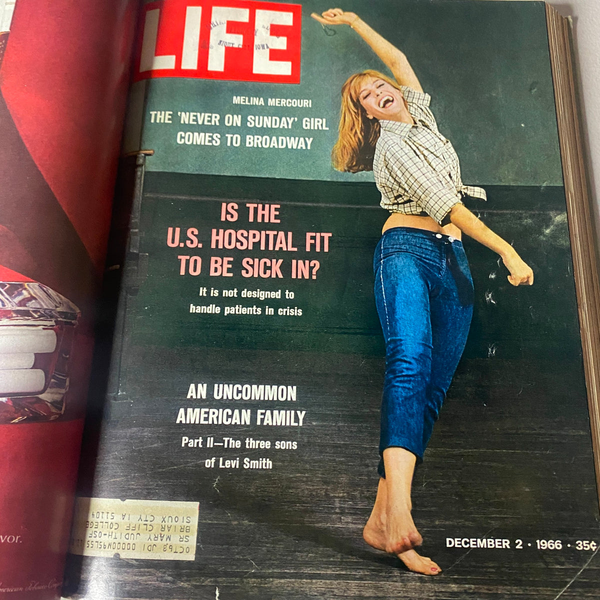 VTG 1966 Bound Life Magazine December 2 cover showcasing actress Melina Mercouri, highlighting her Broadway debut and societal issues in a vibrant presentation.