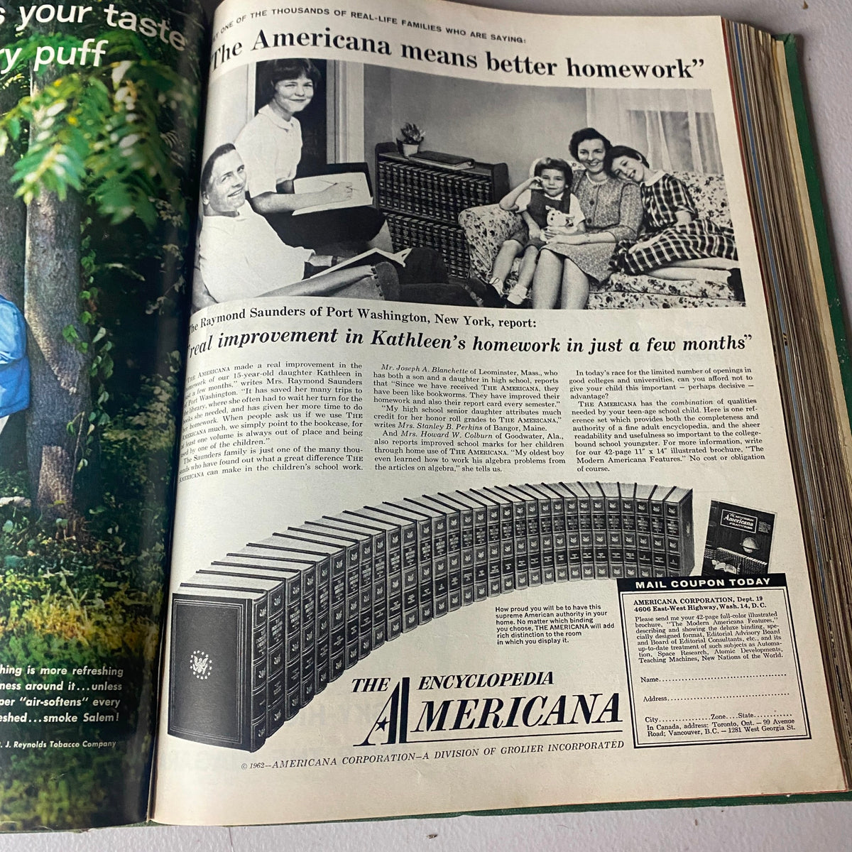 Page from VTG 1962 Bound Life Magazine showing a family enjoying Americana encyclopedias, depicting the value of education in family life.